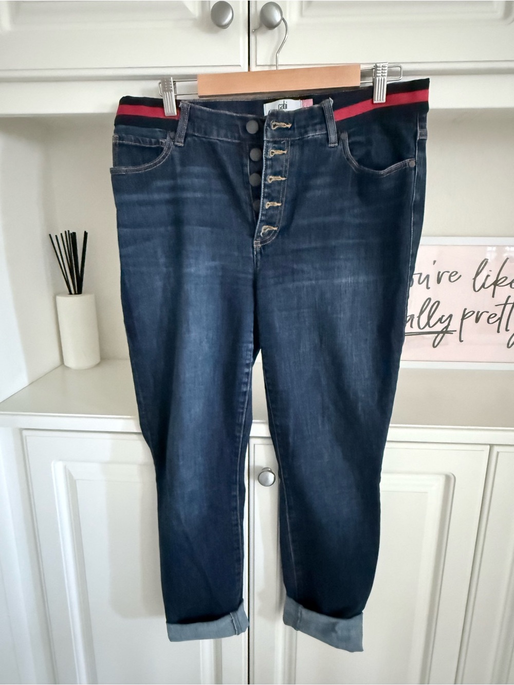CAbi Dark Blue Button Fly Skinny Jeans with Red and Navy Stretch Waistband